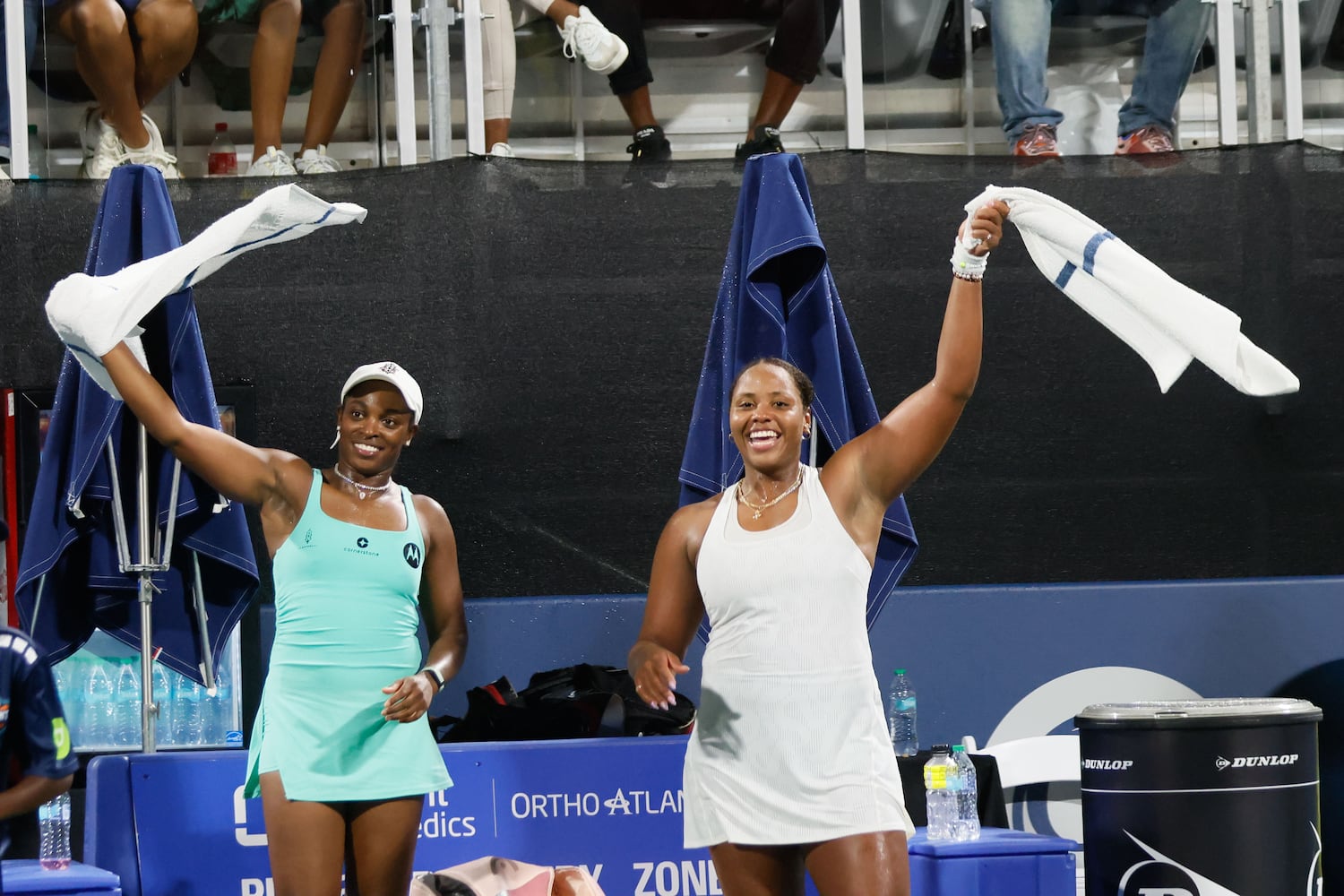 Sloane Stephens (left) and Taylor Townsend cheer for the couple in the stands who got engaged during an exhibition match at the Atlanta Open at Atlantic Station on Sunday, July 21, 2024, in Atlanta. Townsend won 7-6, 6-3.
(Miguel Martinez / AJC)