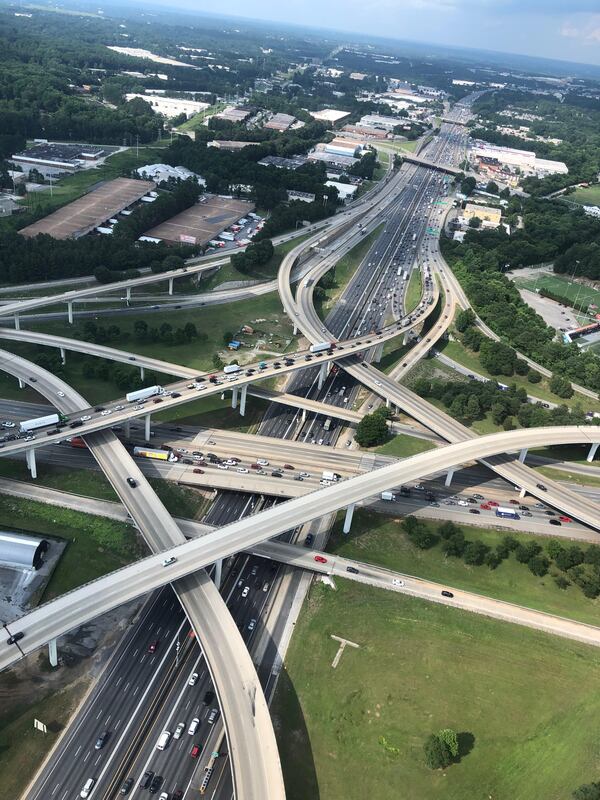 A look above the I-285 and I-85 interchange in DeKalb – Spaghetti Junction – during PM drive on Tuesday, June 11th, 2019.