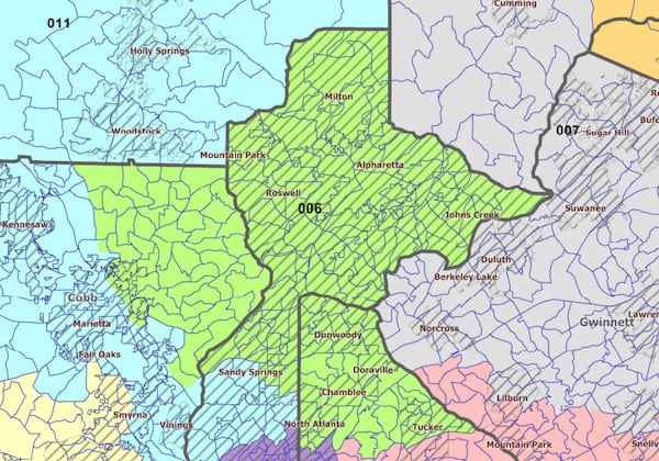 Georgia's 6th Congressional District (shown in green) covers east Cobb County, north Fulton County and North DeKalb County. (Georgia Legislative and Reapportionment Office Map)