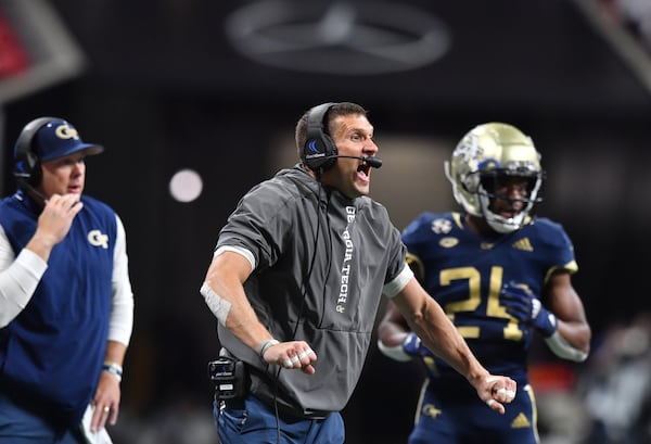 September 25, 2021 Atlanta - Andrew Thacker, defensive coordinator, reacts during the second half of an NCAA college football game at Mercedes-Benz Stadium in Atlanta on Saturday, September 25, 2021. Georgia Tech won 45-22 over North Carolina. (Hyosub Shin / Hyosub.Shin@ajc.com)