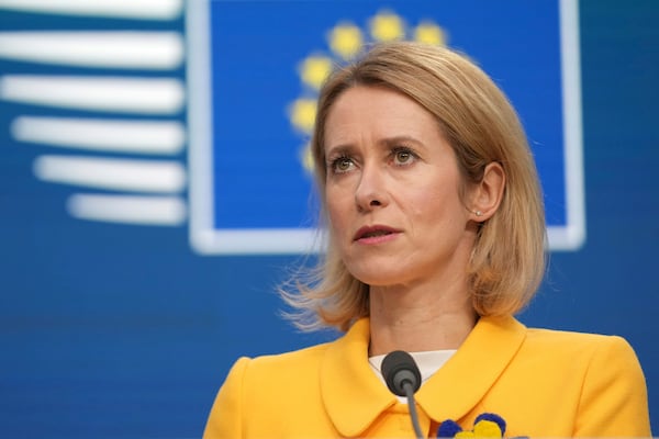 European Union foreign policy chief Kaja Kallas speaks during a media conference after a meeting of EU foreign ministers in Brussels, Monday, Feb. 24, 2025. (AP Photo/Virginia Mayo)