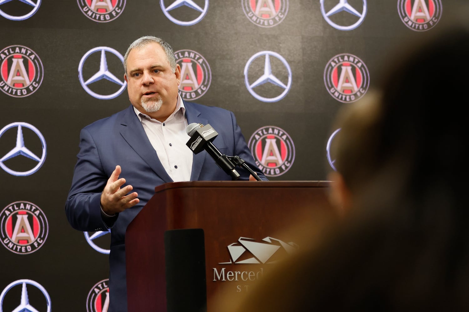 Atlanta United CEO/President Garth Lagerwey chats with the media Tuesday in Atlanta. (Miguel Martinez / miguel.martinezjimenez@ajc.com)
 