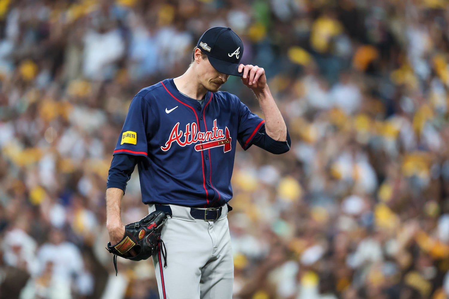 Atlanta Braves pitcher Max Fried centers himself after giving up five runs to the San Diego Padres during the second inning of National League Division Series Wild Card Game Two at Petco Park in San Diego on Wednesday, Oct. 2, 2024.   (Jason Getz / Jason.Getz@ajc.com)