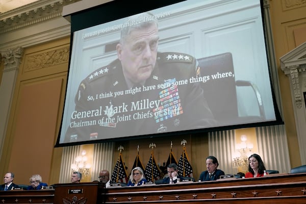 FILE - A video of Chairman of the U.S. Joint Chiefs of Staff, Gen. Mark Milley is shown as the House select committee investigating the Jan. 6 attack on the U.S. Capitol holds a hearing, on Capitol Hill in Washington, Oct. 13, 2022. (AP Photo/J. Scott Applewhite, File)