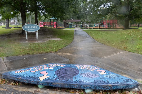 A decorated storm drain at Hull Park on Thursday, September 5, 2024, in Savannah. (Katelyn Myrick/AJC)