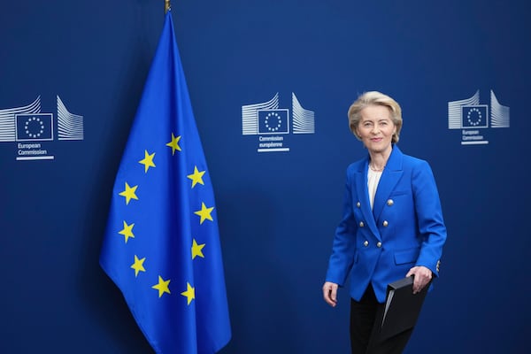 European Commission President Ursula von der Leyen arrives for a media conference on the defense package at EU headquarters in Brussels, Tuesday, March 4, 2025. (AP Photo/Virginia Mayo)