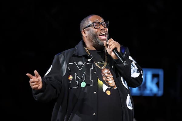 Rapper Killer Mike performs at half time of the Atlanta Hawks game against the San Antonio Spurs in the Hawks’ annual MLK Day game at State Farm Arena on Jan. 15, 2024, in Atlanta. (Jason Getz/AJC 2024)