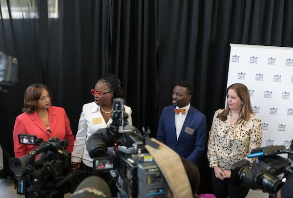 DeKalb County Interim Superintendent Vasanne Tinsley (left), DeKalb School Board Chair Vickie B. Turner and board members Diijon DaCosta and Anna Hill held a news conference on Wednesday, April 27, 2022. A day earlier, Cheryl Watson-Harris had been fired as the district's superintendent. (Natrice Miller / natrice.miller@ajc.com)