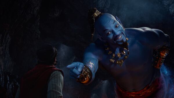 Mena Massoud's Aladdin meets Genie, played by Will Smith, in Disney's live-action adaptation of "Aladdin." Robin Williams played the character in Disney's 2D animated original.