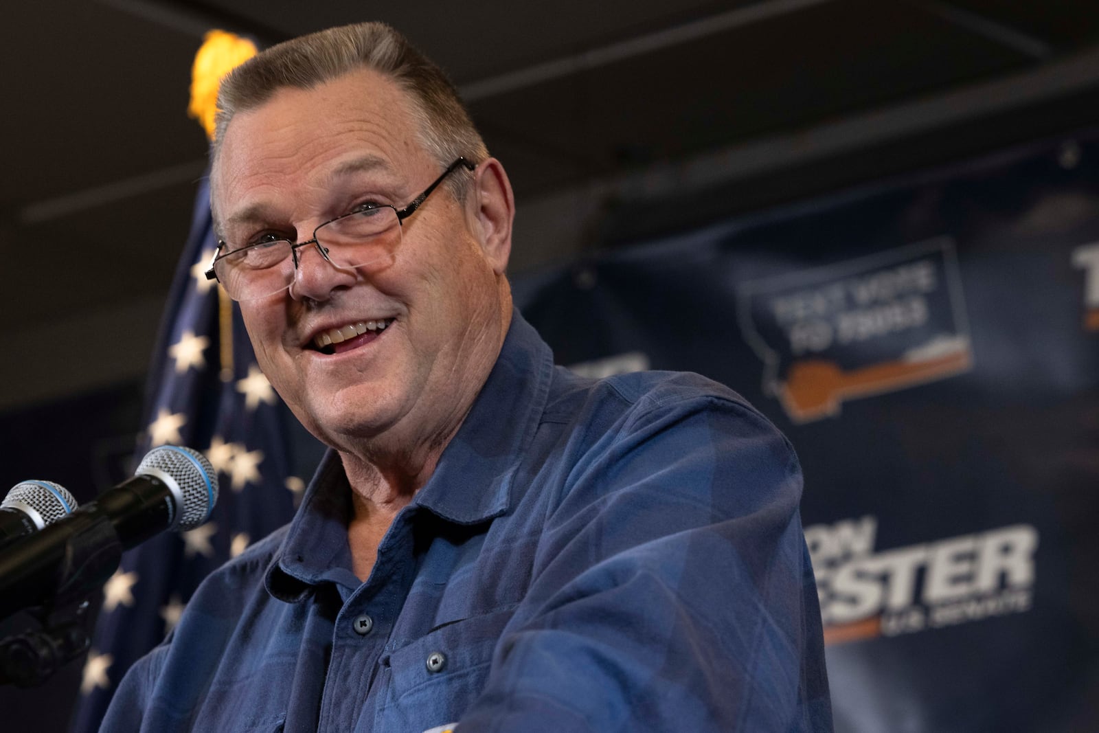 U.S. Sen. Jon Tester addresses supporters during his election night party in Great Falls, Mont., Tuesday, Nov. 5, 2024. (Thom Bridge/Independent Record via AP)