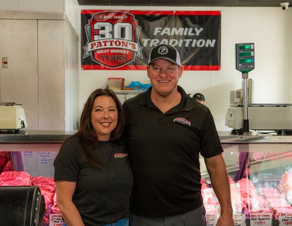 030225 Duluth: owner Parker Patton and his wife Kristine Patton at Patton's Meat Market in Duluth, GA. Photo taken on Friday, February 7th, 2025 for a story about butcher shops.