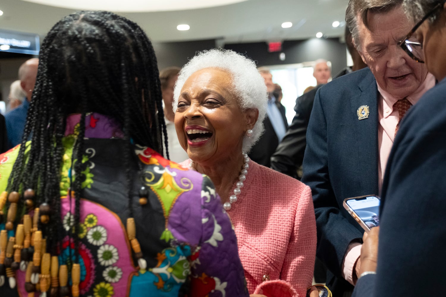 Billye Aaron, the beloved wife of Hank Aaron, greets people before the opening of the Atlanta History Center exhibit “More Than Brave: The Life of Henry Aaron” on Monday, April 8, 2024.   (Ben Gray / Ben@BenGray.com)