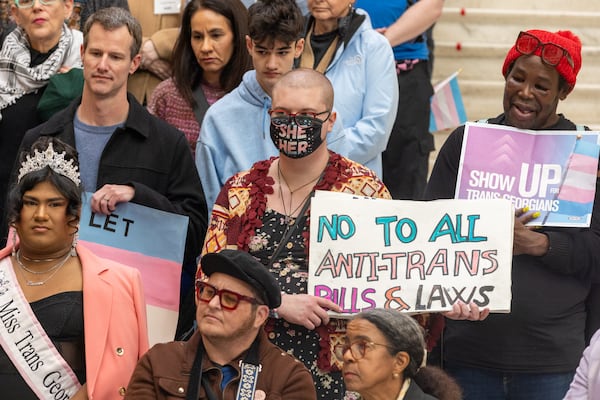 Advocates for transgender rights rally on the first day of the legislative session at the Capitol in Atlanta on Monday, January 13, 2025. (Arvin Temkar / AJC)