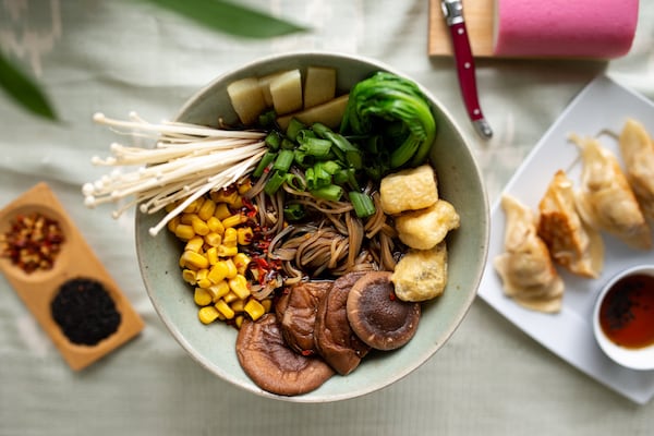 Shoyu Broth, shown with rice noodles, can be vegetarian if you adjust the recipe. CONTRIBUTED BY MIA YAKEL