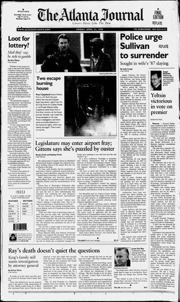 The Atlanta Journal front page on April 24, 1998.