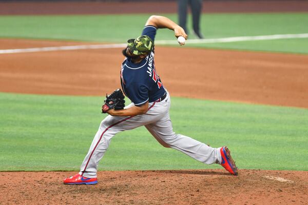 Atlanta Braves pitcher Kenley Jansen delivers against the Miami Marlins during the ninth inning of a baseball game, Saturday May 21, 2022, in Miami. (AP Photo/Gaston De Cardenas)