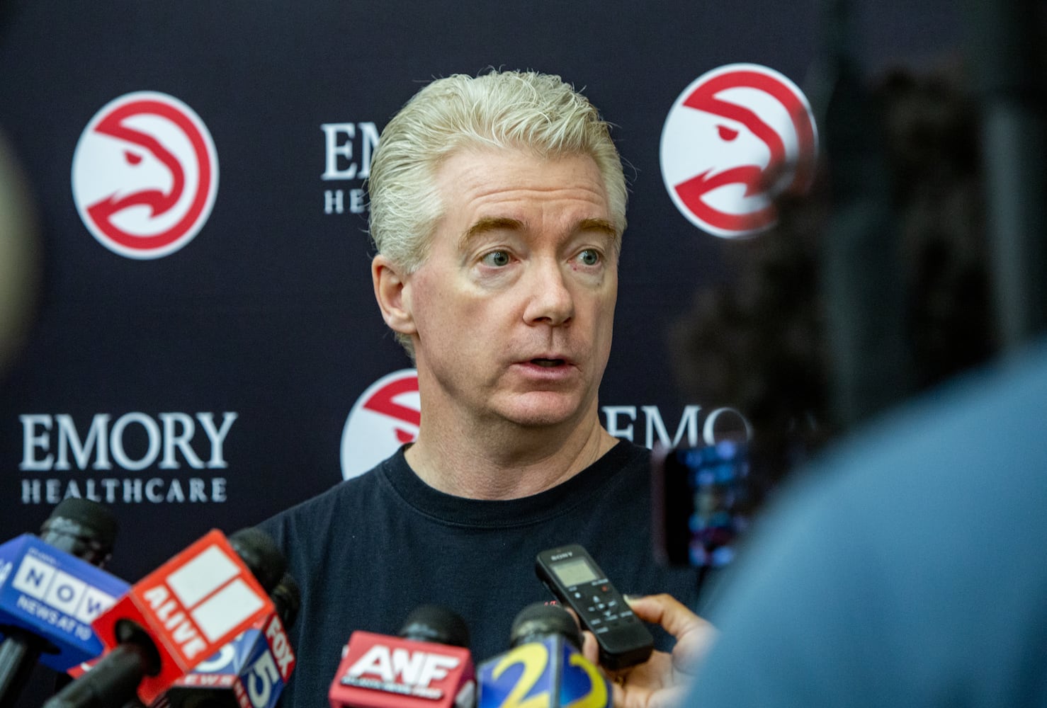 Hawks Interim Head Coach Joe Prunty addresses reporters questions about his role on Wednesday, Feb 22, 2023 at the team’s practice facility now that the decision to fire Head Coach Nate McMillan was made.(Jenni Girtman for The Atlanta Journal-Constitution)