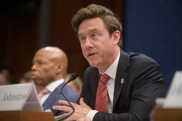 Denver Mayor Mike Johnston responds to questions during a House Committee on Oversight and Government Reform hearing with Sanctuary City Mayors on Capitol Hill, Wednesday, March 5, 2025, in Washington. (AP Photo/Rod Lamkey, Jr.)