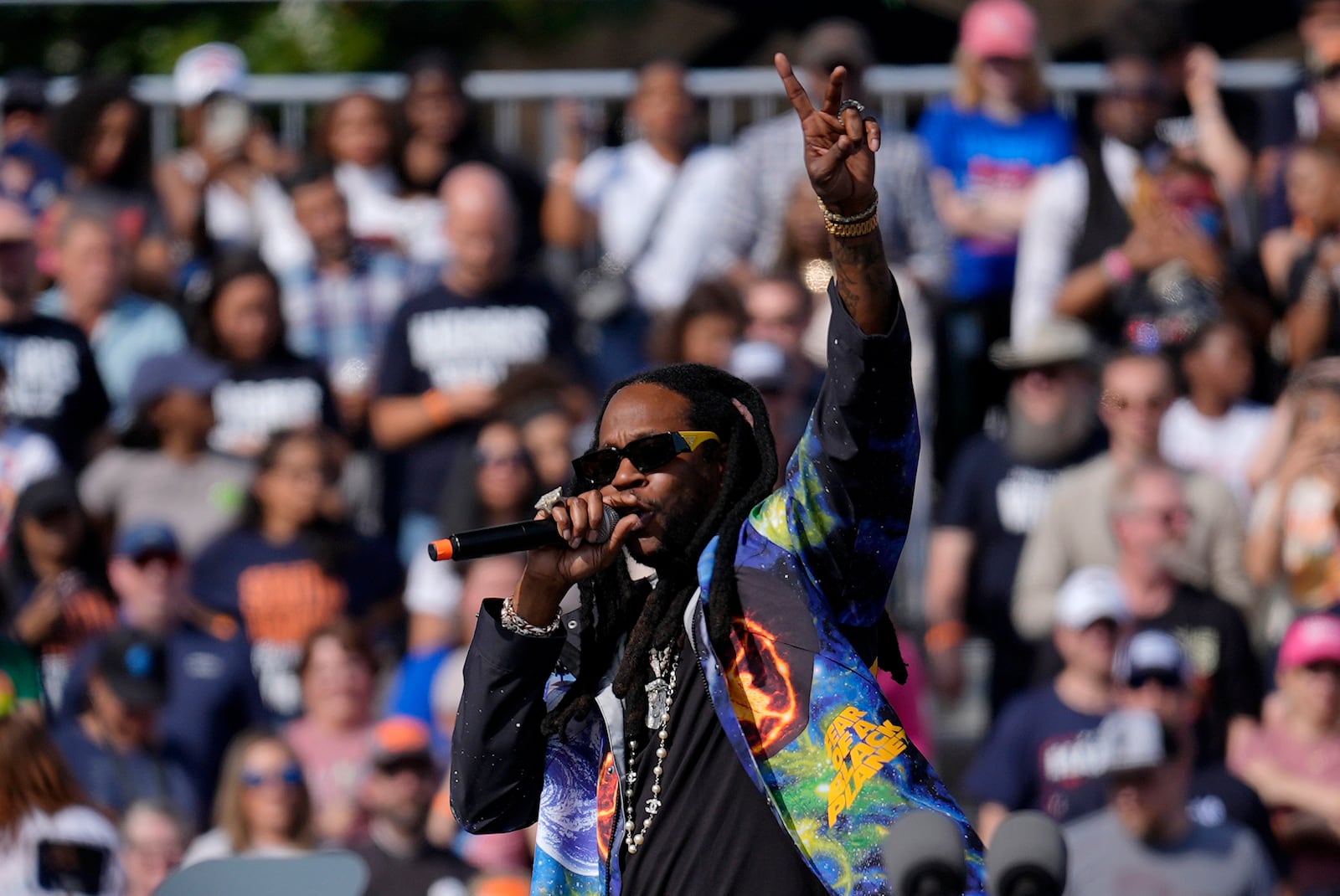 2 Chainz performs at a campaign rally for Democratic presidential nominee Vice President Kamala Harris outside the Atlanta Civic Center, Saturday, Nov. 2, 2024. (AP Photo/Brynn Anderson)