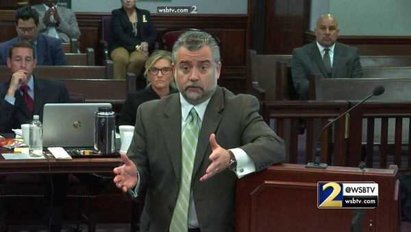 Defense attorney Maddox Kilgore questions expert witness Dr. Gene Brewer about his studies on memory and perception, during the murder trial of Justin Ross Harris at the Glynn County Courthouse in Brunswick, Ga., on Thursday, Nov. 3, 2016. (screen capture via WSB-TV)