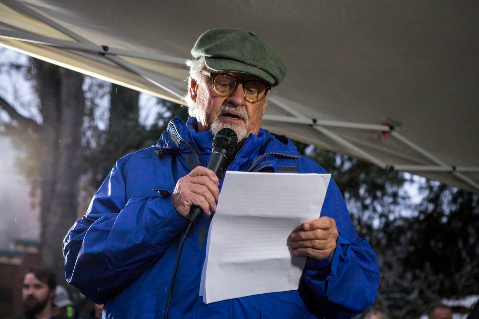 Wildlife photographer Thomas Mangelsen, who captured photos of grizzly bear No. 399, speaks about the life of No. 399 at a candlelight vigil in Jackson, Wyo., Saturday, Nov. 2, 2024. (AP Photo/Amber Baesler)