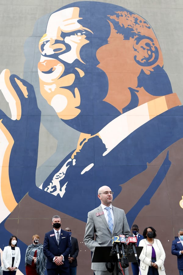 State representative Josh McLaurin speaks at a press conference at the John Lewis mural on Auburn Avenue in downtown Atlanta on Tuesday, January 19, 2021. Democratic Georgia state lawmakers held a press conference at the John Lewis mural on Auburn Avenue to announce the introduction of two bills that would restore the right to vote to felons in Georgia. (Rebecca Wright for the Atlanta Journal-Constitution)