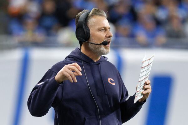 Chicago Bears head coach Matt Eberflus watches against the Detroit Lions during the first half of an NFL football game, Sunday, Nov. 17, 2024, in Detroit. (AP Photo/Carlos Osorio)