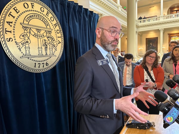 Georgia state Sen. Josh McLaurin, D-Sandy Springs, speaks to reporters on Monday, Feb. 24, 2025 at the state Capitol in Atlanta. (AP Photo/Jeff Amy)