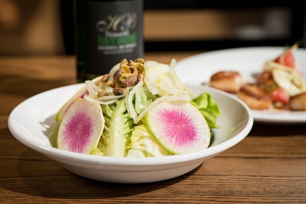  Mediterranea House Salad with Boston lettuce, watermelon radish, sweet onion, and pistachio. Photo credit- Mia Yakel.