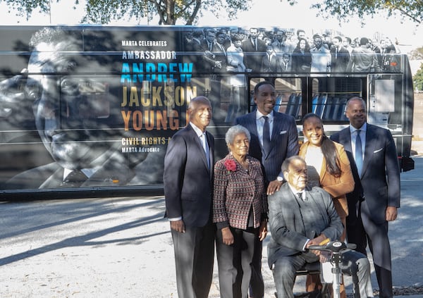 At a ceremony unveiling a new MARTA bus featuring Andrew Young, former mayors including Bill Campbell, from left, Shirley Franklin, Mayor Andre Dickens, Andrew Young, Keisha Lance Bottoms and Kasim Reed, attend the event at the Ray Charles Performing Arts Center at Morehouse College on Friday, November 15, 2024.  (Jenni Girtman for The Atlanta Journal-Constitution)