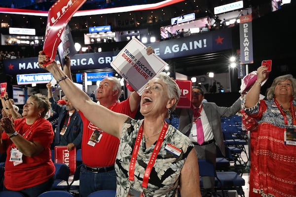 Georgia delegates react at the end of the second day of the Republican National Convention, Tuesday, July 16, 2024, in downtown Milwaukee, WI. . (Hyosub Shin / AJC)