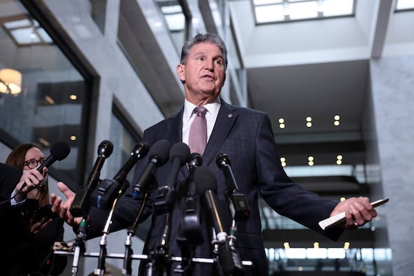 U.S. Sen. Joe Manchin (D-West Virginia) speaks at a press conference outside his office on Capitol Hill on Wednesday, Oct. 6, 2021 in Washington, D.C. Manchin spoke on the debt limit and the infrastructure bill. 