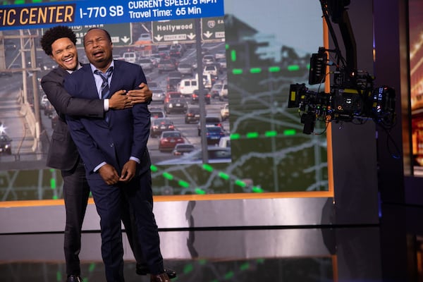 Trevor Noah with correspondent Roy Wood Jr.  on "The Daily Show."  CREDIT: Matt Wilson for Comedy Central/The Daily Show 