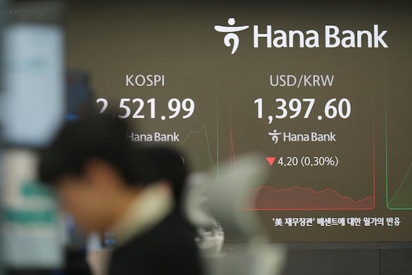 Currency traders work near the screens showing the Korea Composite Stock Price Index (KOSPI), left, the foreign exchange rate between U.S. dollar and South Korean won at a foreign exchange dealing room in Seoul, South Korea, Monday, Nov. 25, 2024. (AP Photo/Lee Jin-man)