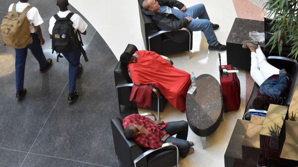 Some stranded passengers were still at Hartsfield-Jackson International Airport on Friday, April 7, 2017. HYOSUB SHIN / HSHIN@AJC.COM HYOSUB SHIN / AJC/hshin@ajc.com