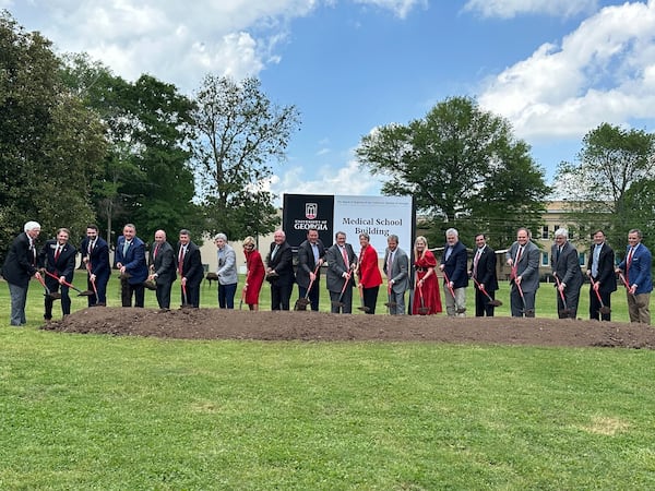 Officials gathered for the ceremonial groundbreaking of the University of Georgia's School of Medicine in Athens, Georgia on Friday April 19, 2024. Gov. Brian Kemp and UGA President Jere Morehead were among those grabbed shovels.