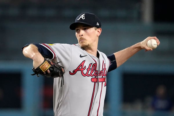 Atlanta Braves starting pitcher Max Fried throws to the plate during the first inning of a baseball game against the Los Angeles Dodgers Friday, Sept. 1, 2023, in Los Angeles. (AP Photo/Mark J. Terrill)