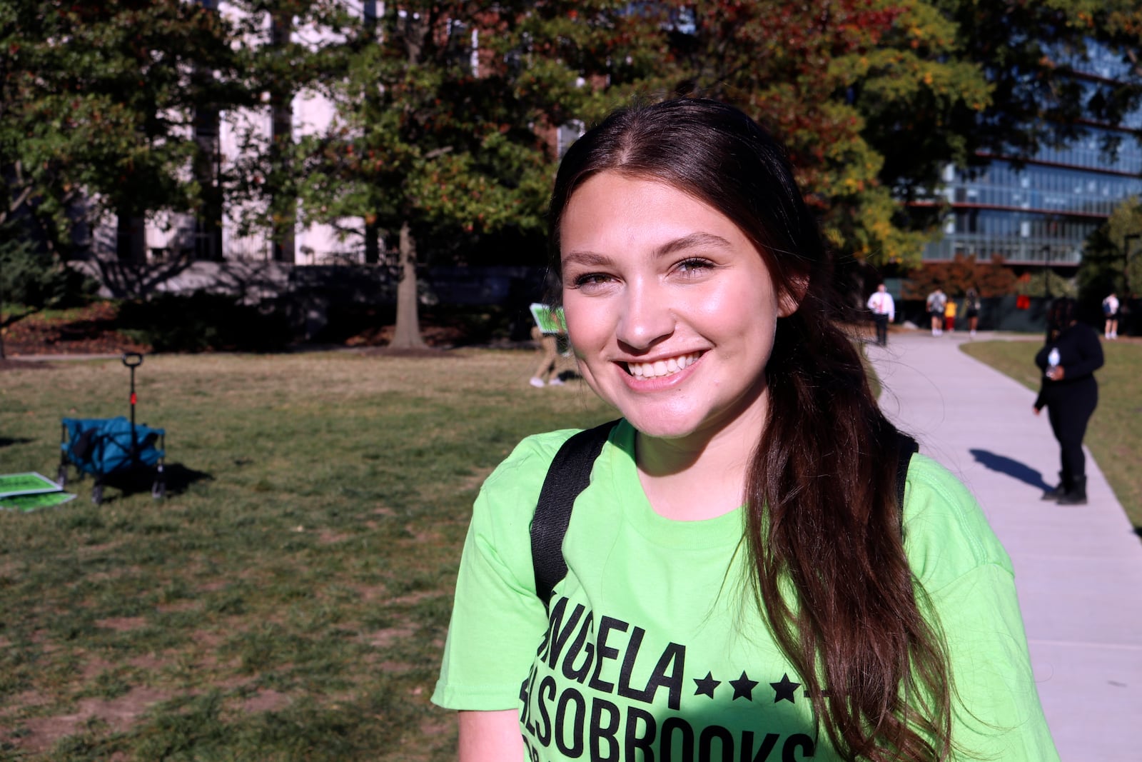 Peyton McDonald, a student at the University of Maryland, poses on campus after listening to Prince George's County Executive Angela Alsobrooks talk about her U.S. Senate bid during a campaign stop in College Park, Md., on Thursday, Oct. 24, 2024. (AP Photo/Brian Witte)