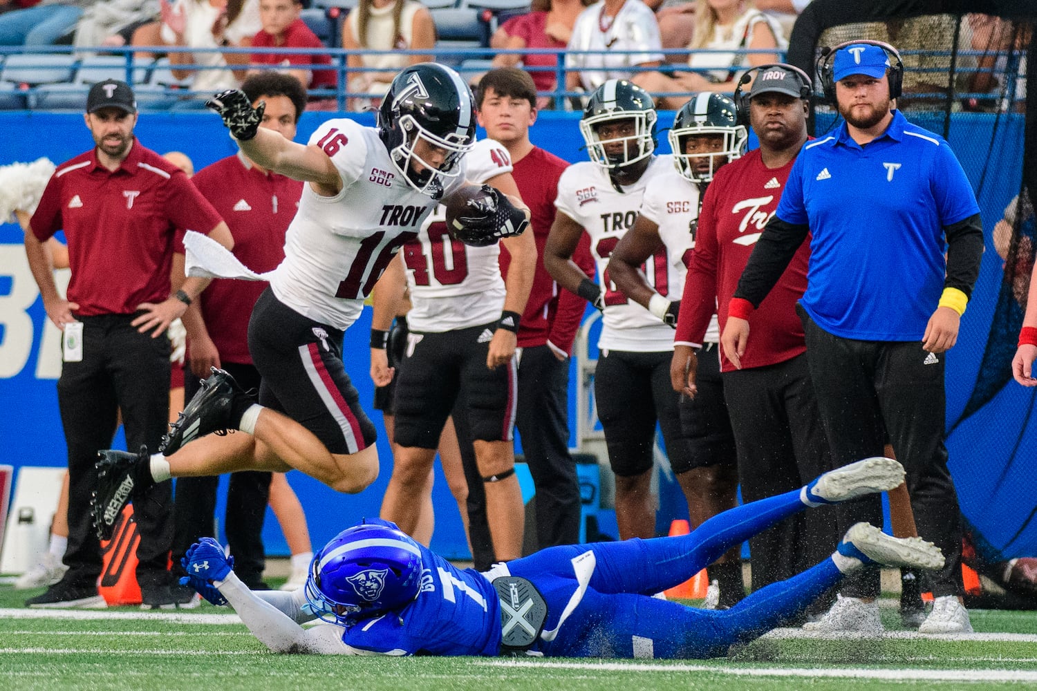 Troy wide receiver Peyton Higgins avoids a tacklea against Georgia State Saturday, Sept. 30, 2023. Troy won 28-7. (Jamie Spaar for the Atlanta Journal Constitution)