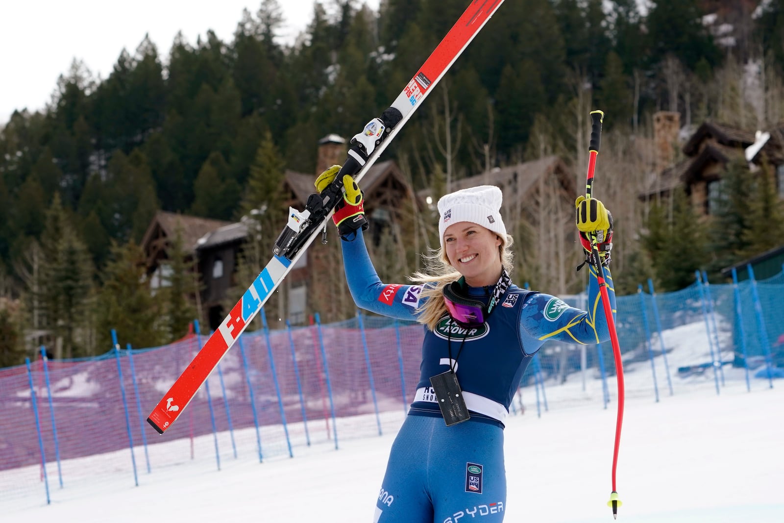 FILE - Nina O'Brien smiles after winning the women's Super-G at the U.S. Alpine Championship skiing competition, Tuesday, April 13, 2021, in Aspen, Colo. (AP Photo/Robert F. Bukaty, File)