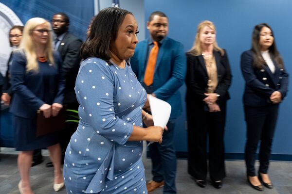 Fulton County District Attorney Fani Willis exits a press conference in Atlanta on Thursday, Sept. 14, 2023 after speaking about a federal grant that is allowing her office and the Atlanta Police Department to increase work on the backlog of rape kits.  (Ben Gray / Ben@BenGray.com)