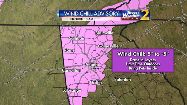 A wind chill advisory is set to last until 10 a.m. Thursday for metro Atlanta and other parts of North Georgia. (Credit: Channel 2 Action News)