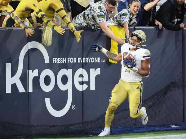 Georgia Tech's running back Dontae Smith (4) celebrates a touchdown in the first half of the Western Carolina at Georgia Tech NCAA college football game in Atlanta on Saturday, September 10, 2022. (Arvin Temkar / arvin.temkar@ajc.com)