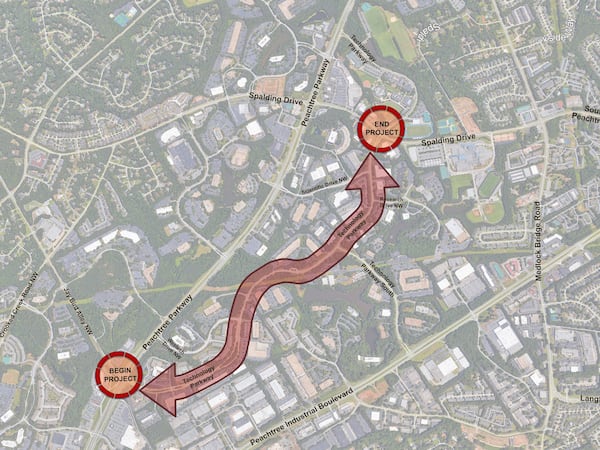 The city of Peachtree Corners revealed Wednesday its plans to create a $2 million autonomous vehicle test track on Technology Parkway. Officials hope it will serve as an economic development tool. (Credit: City of Peachtree Corners)