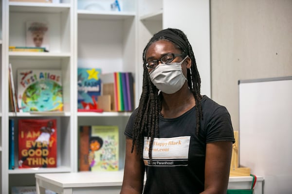 Makeisha Robey, founder of The Happy Black Parent, poses for a photo in her space in the Nia Building at Pittsburgh Yards, a professional and maker space in southwest Atlanta on Tuesday, September 7, 2021. (Rebecca Wright for the Atlanta Journal-Constitution)