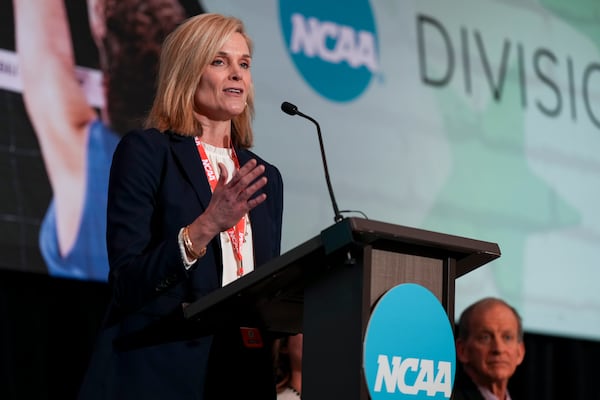 Horizon League Commissioner Julie Roe Lach speaks during the organizations NCAA Division I Business Session at the organization's annual convention Wednesday, Jan. 15, 2025, in Nashville, Tenn. (AP Photo/George Walker IV)