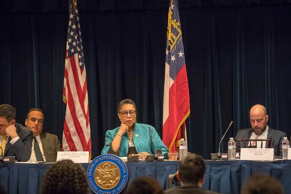 02/19/2019 -- Atlanta Georgia -- United States House Administration Committee's elections subcommittee listens to individuals testify about voting rights issues in Georgia during a field hearing, chaired by U.S. Rep. Marcia Fudge (center), D-Ohio, at the Jimmy Carter Presidential Center in Atlanta, Tuesday, February 19, 2019. (ALYSSA POINTER/ALYSSA.POINTER@AJC.COM)