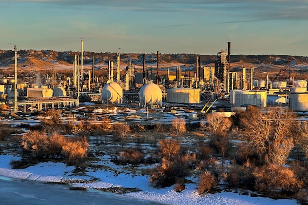 The Par Montana refinery along the Yellowstone River that processes crude oil from western Canada is seen, Wednesday, Feb. 26, 2025, just outside Billings, Mont. (AP Photo/Matthew Brown)