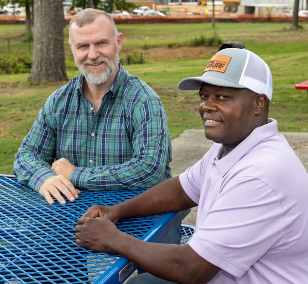 Portrait of Randy Simpkins (left) & Russell Dallas at Hunter Park in Douglasville. Simpkins, a pastor & businessman from Carrollton, never met Dallas of Douglasville before he committed to being tested to be a kidney donor for Dallas. The transplant team at Piedmont Atlanta was ecstatic when they found SimpkinsÕ kidney was a Òmiraculous match!Ó  PHIL SKINNER FOR THE ATLANTA JOURNAL-CONSTITUTION