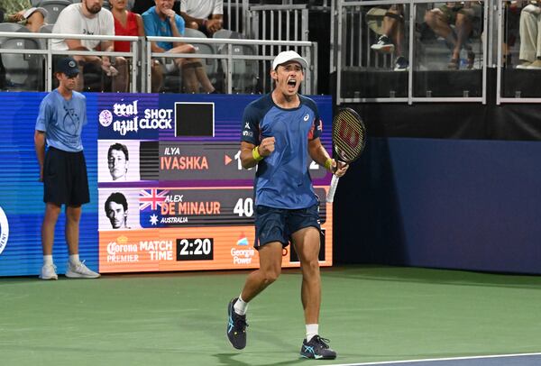 Alex de Minaur (AUS) reacts after winning against Ilya Ivashka. (Hyosub Shin / Hyosub.Shin@ajc.com)